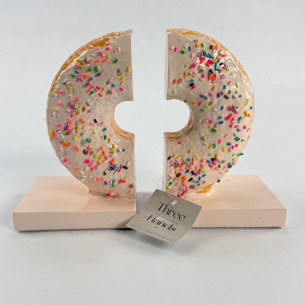 Three Hands Glazed Donut Bookends Pink Sprinkles Dessert Decor New With Tags